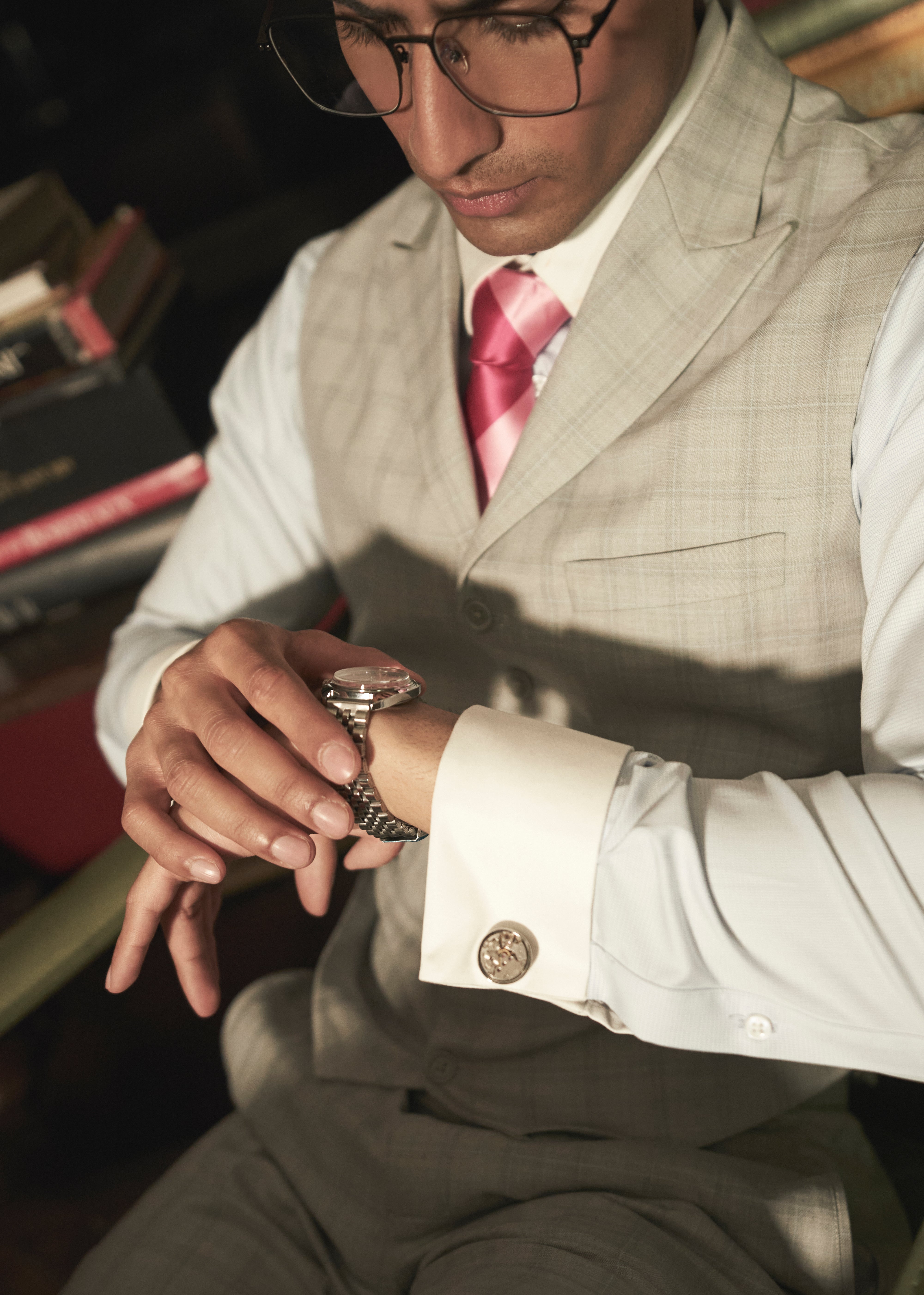 Grey Self-Checked Waistcoat Set