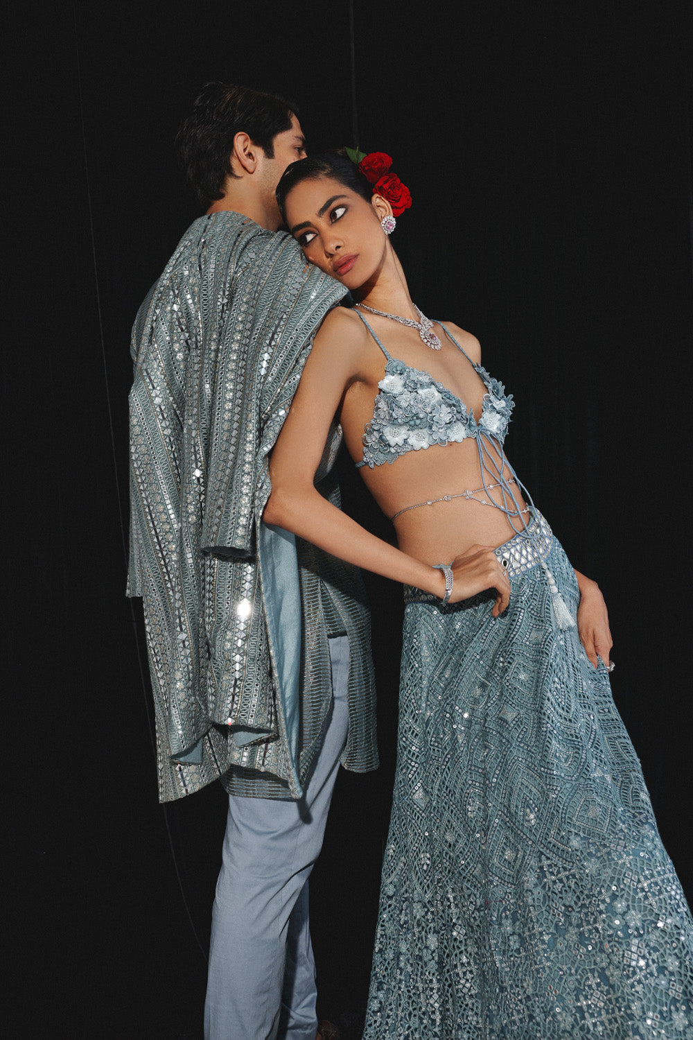 POWDER BLUE BANARASI TISSUE KURTA