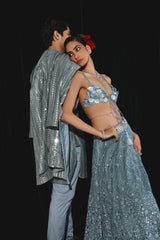 POWDER BLUE BANARASI TISSUE KURTA