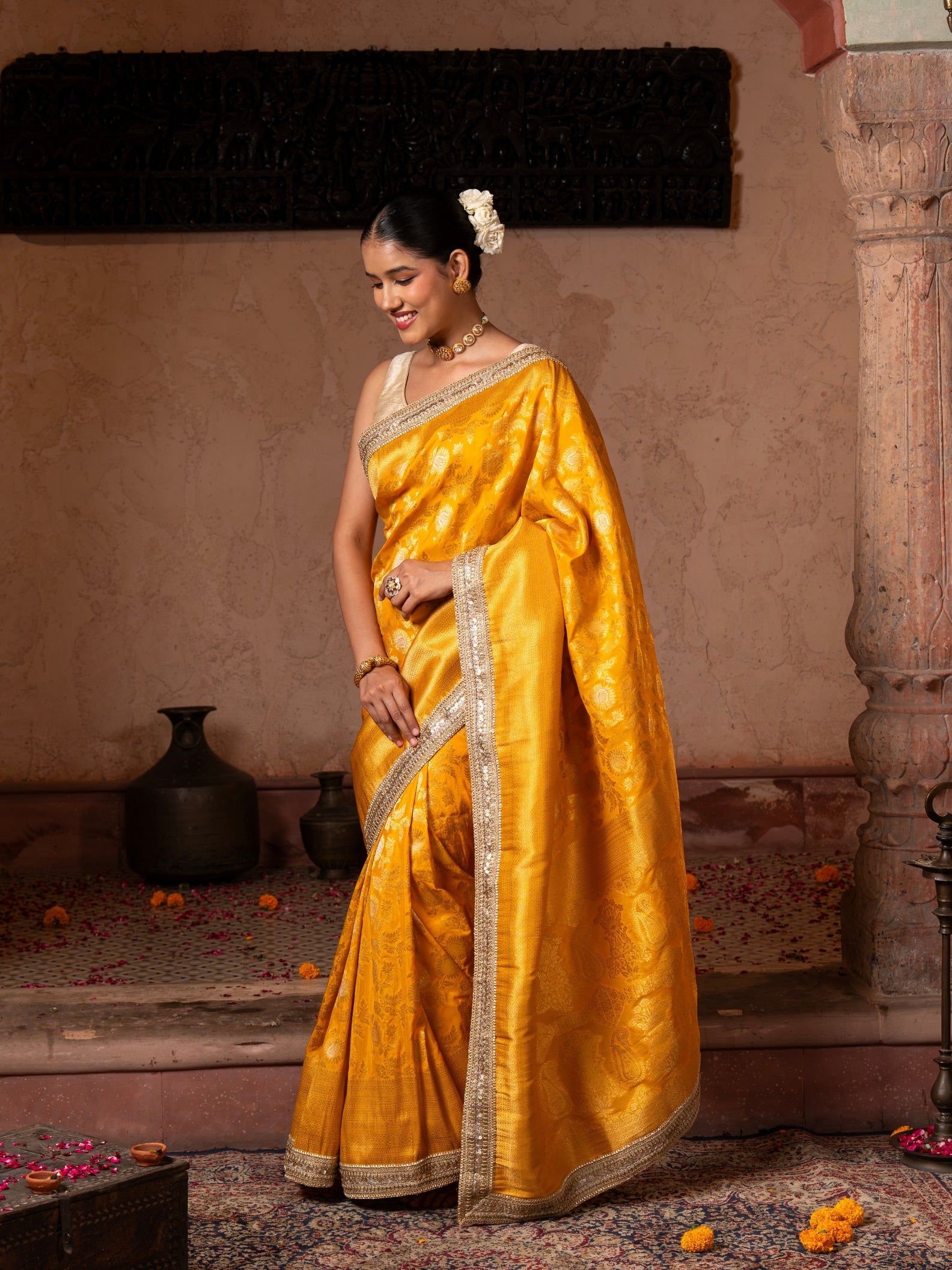 Yellow Pure Katan Silk Banarasi Handloom Saree