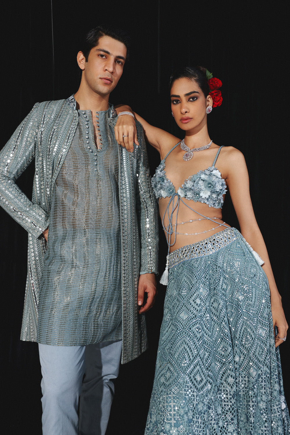 POWDER BLUE BANARASI TISSUE KURTA