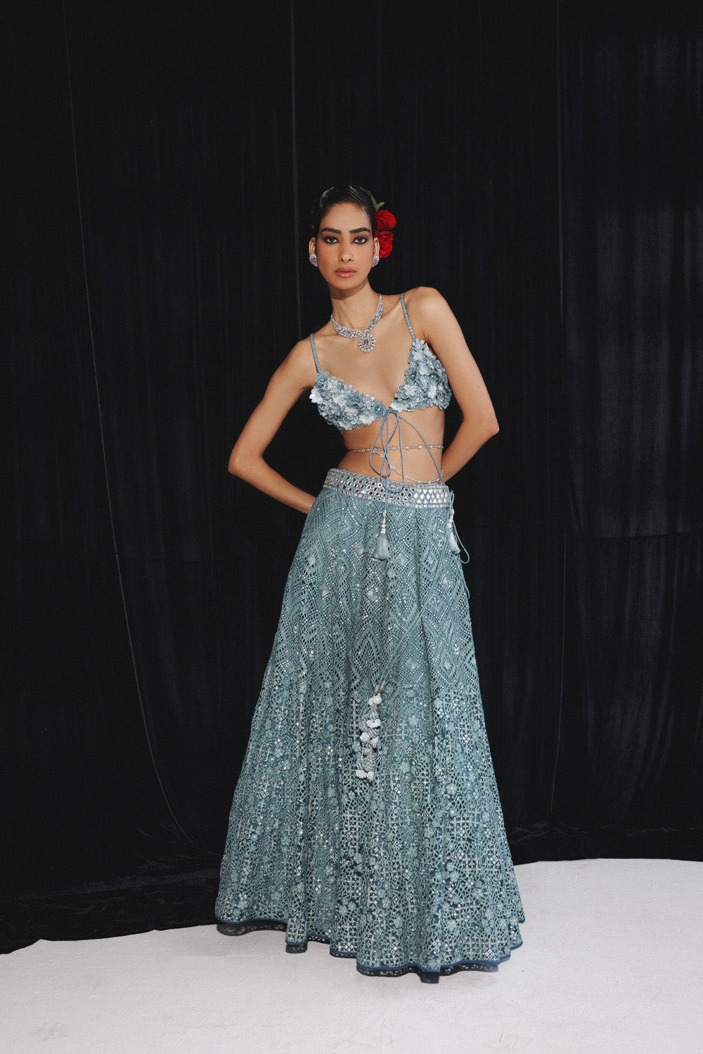 Blue Lace work lehanga Set with Mirror Work and 3D FLORAL BRALETTE