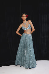Blue Lace work lehanga Set with Mirror Work and 3D FLORAL BRALETTE