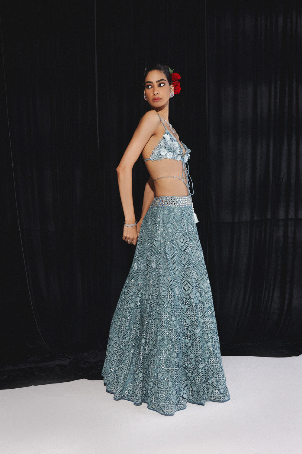 Blue Lace work lehanga Set with Mirror Work and 3D FLORAL BRALETTE