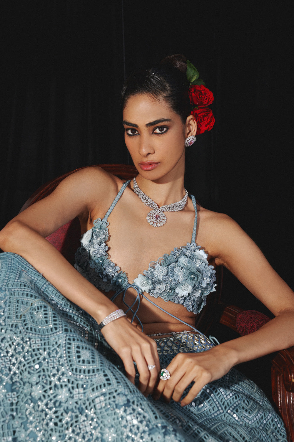 Blue Lace work lehanga Set with Mirror Work and 3D FLORAL BRALETTE