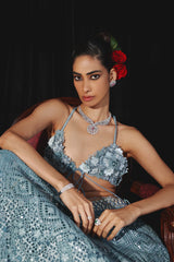 Blue Lace work lehanga Set with Mirror Work and 3D FLORAL BRALETTE