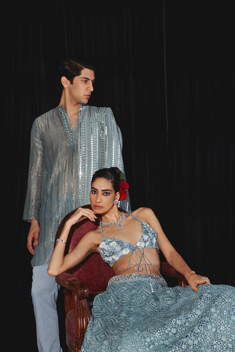 POWDER BLUE BANARASI TISSUE KURTA