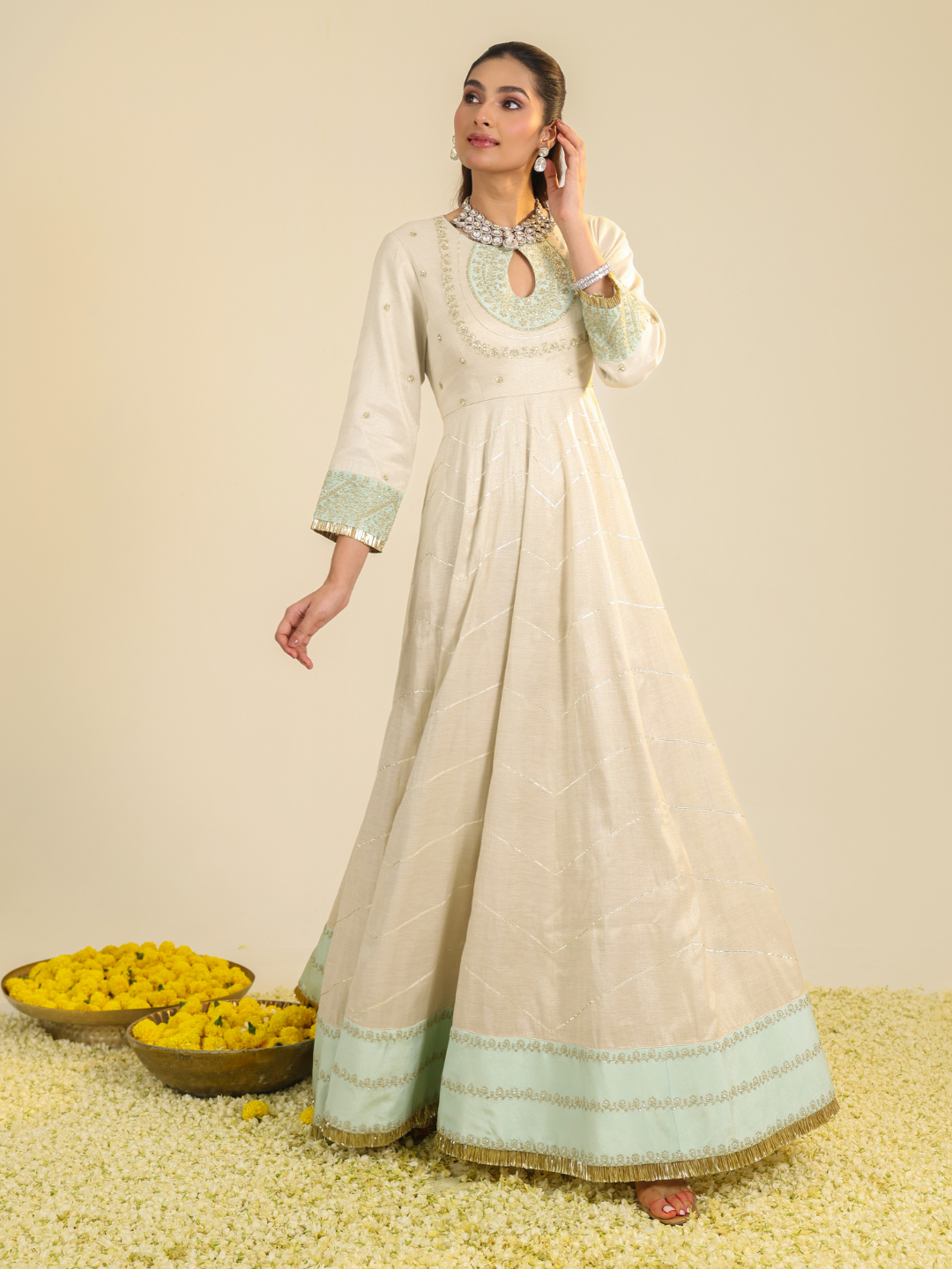 Off White Shimmer Tarini Anarkali Set