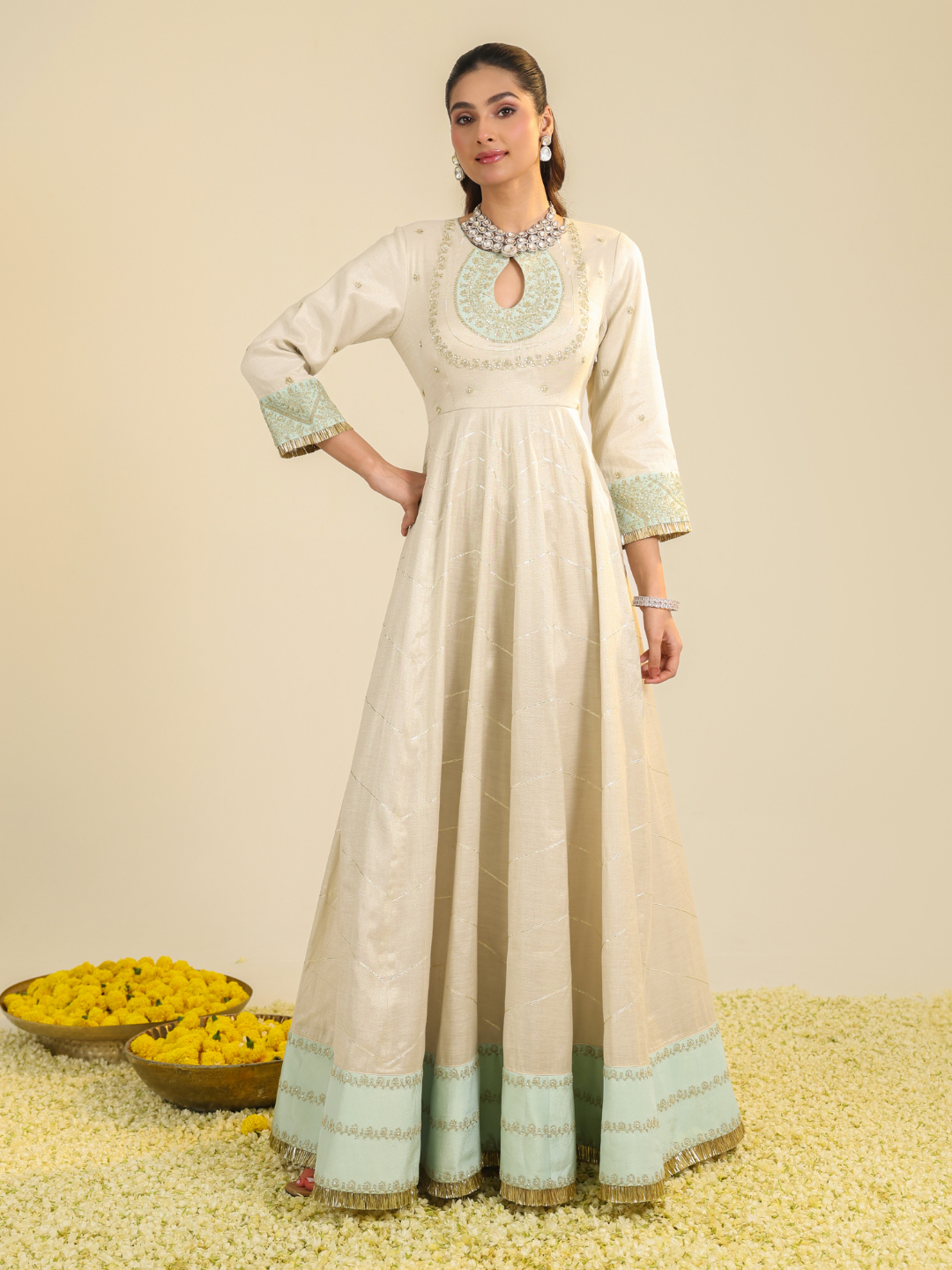 Off White Shimmer Tarini Anarkali Set