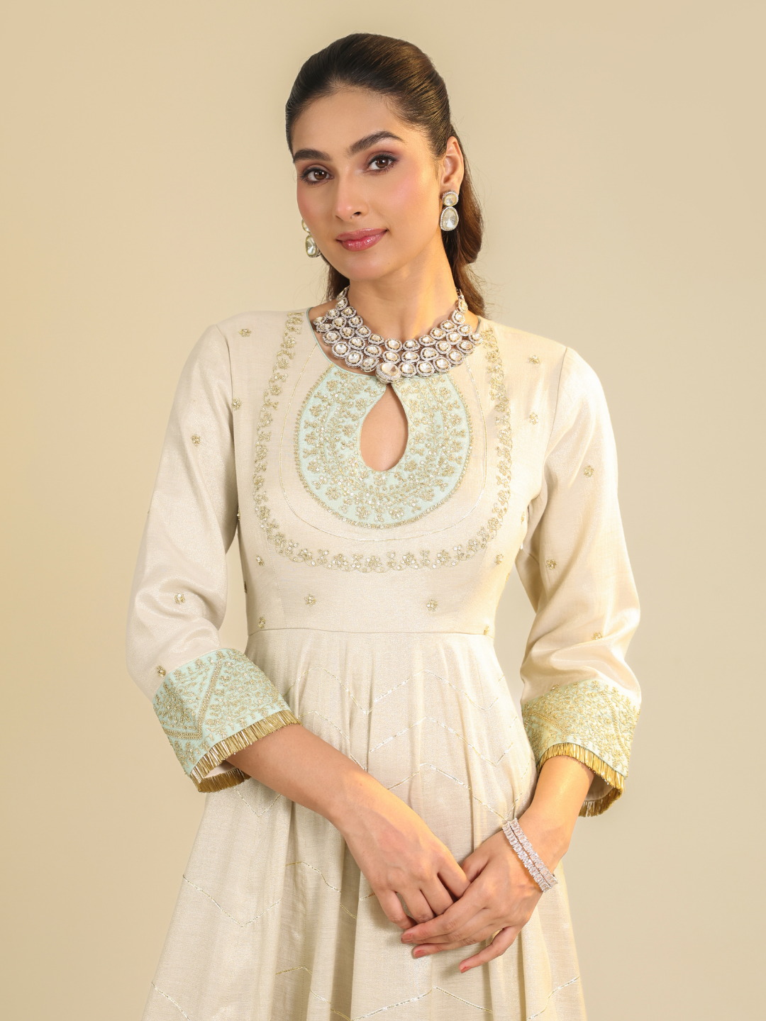Off White Shimmer Tarini Anarkali Set