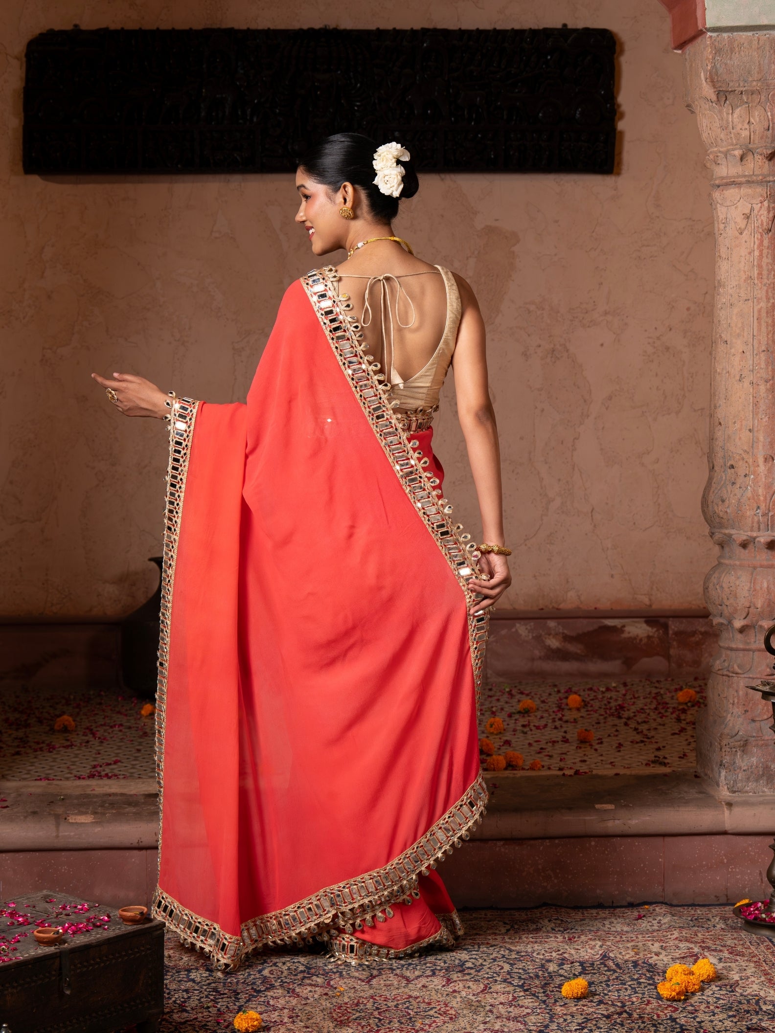 Coral Orange Pure Georgette Handloom Mirror Work Saree