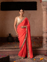 Coral Orange Pure Georgette Handloom Mirror Work Saree
