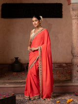 Coral Orange Pure Georgette Handloom Mirror Work Saree