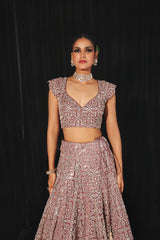 MIRRORWORK AND BEADWORK CONICAL LEHENGA SET WITH CAPE