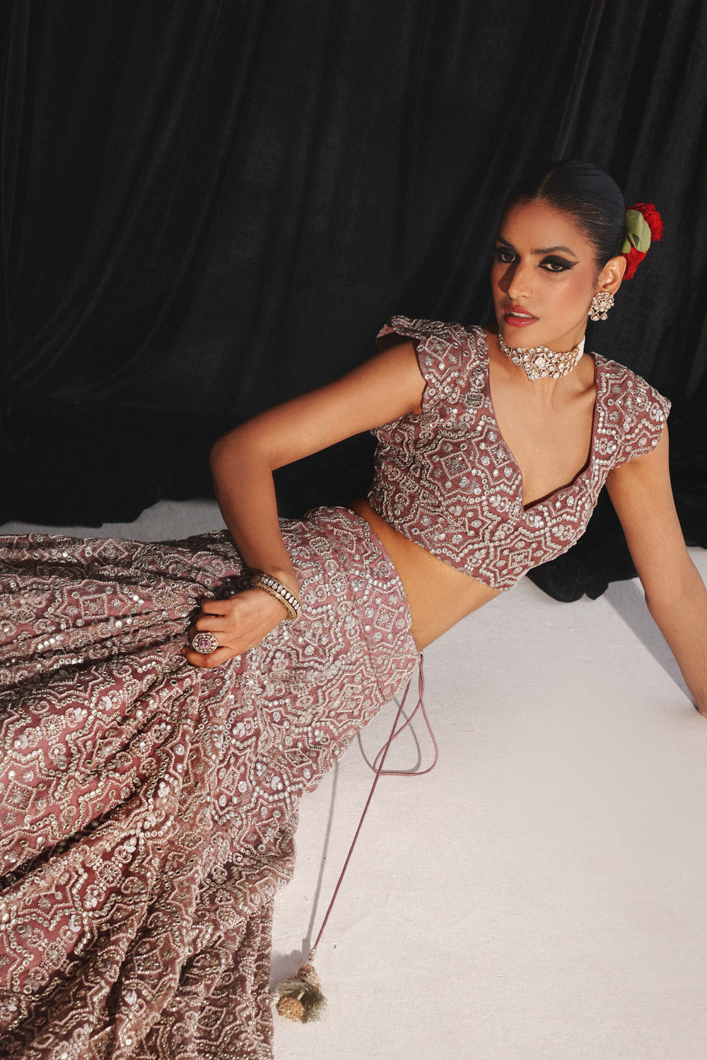 MIRRORWORK AND BEADWORK CONICAL LEHENGA SET WITH CAPE
