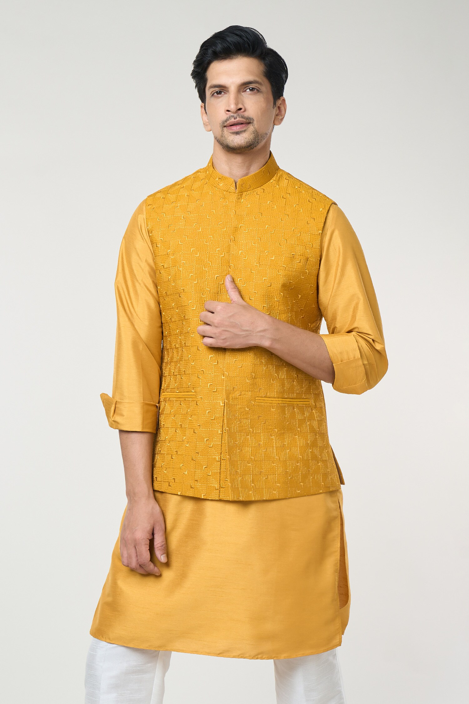 Mustard Embroidered Kurta-Jacket Set