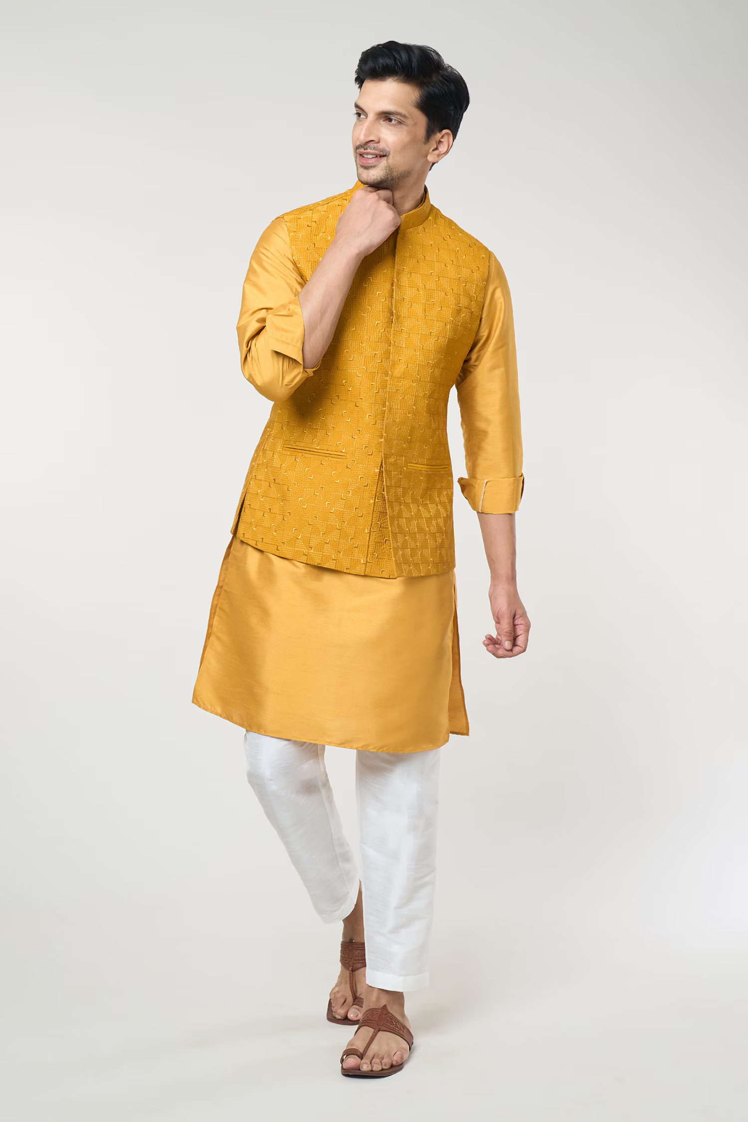 Mustard Embroidered Kurta-Jacket Set