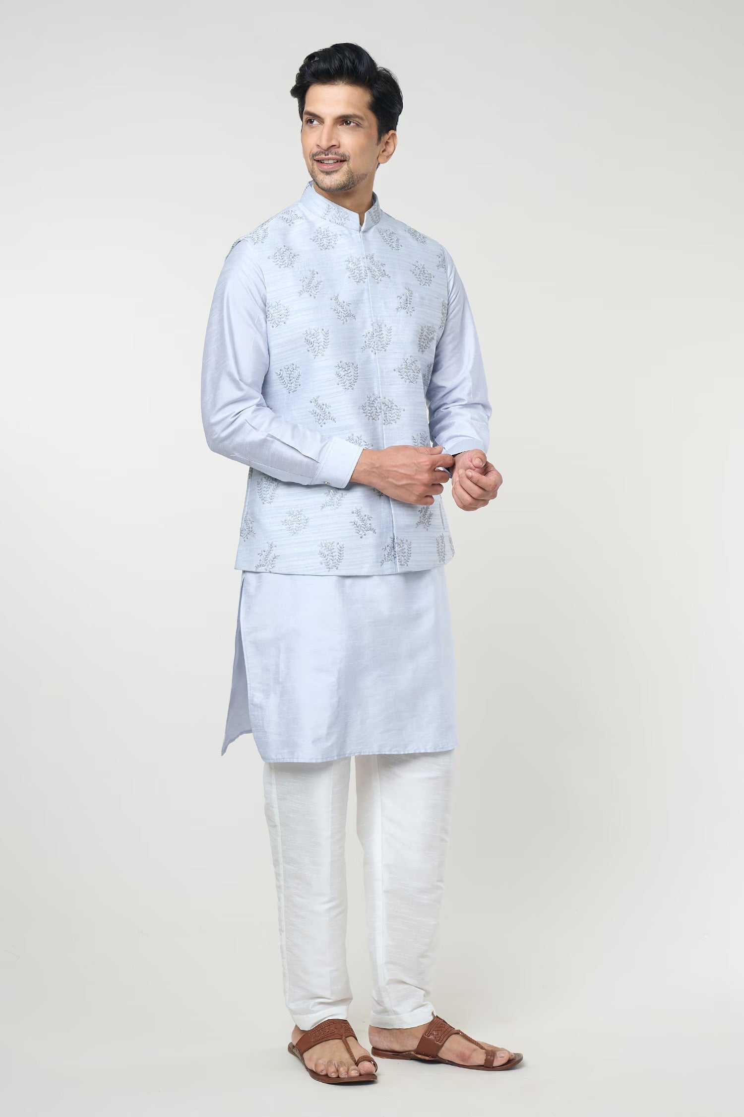 Powder Blue Embroidered Kurta-Jacket Set