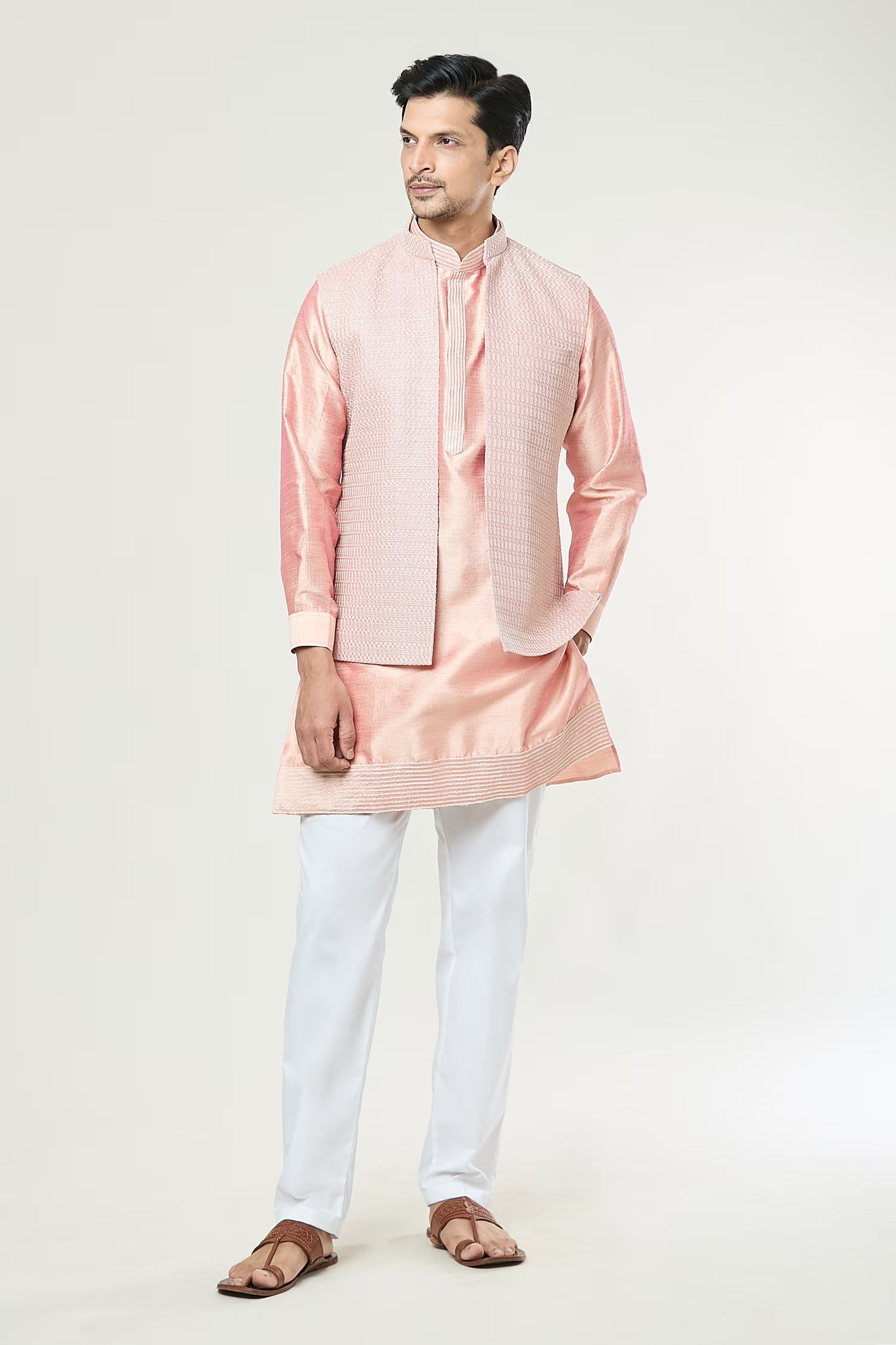 Peach Embroidered Kurta-Jacket Set