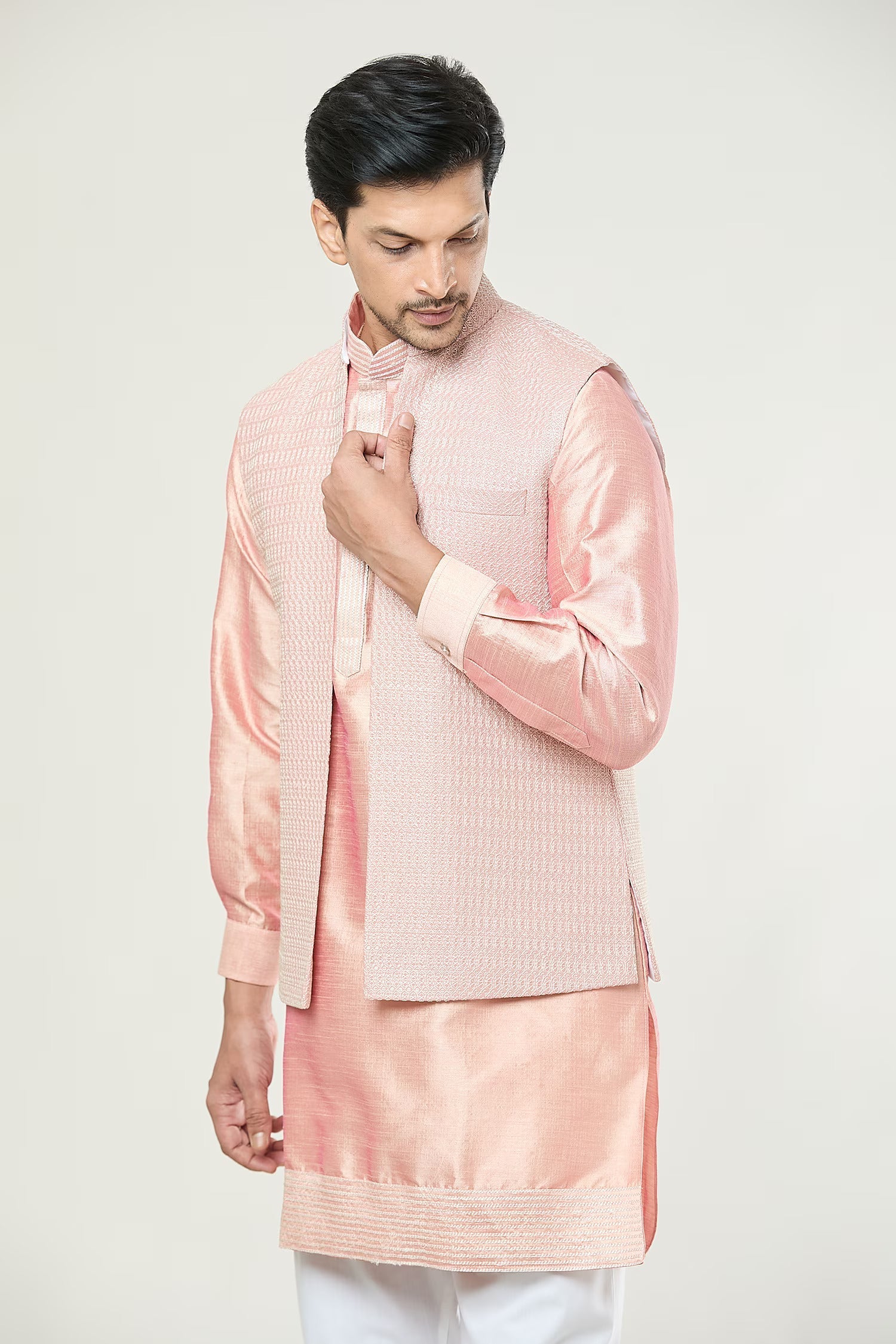 Peach Embroidered Kurta-Jacket Set