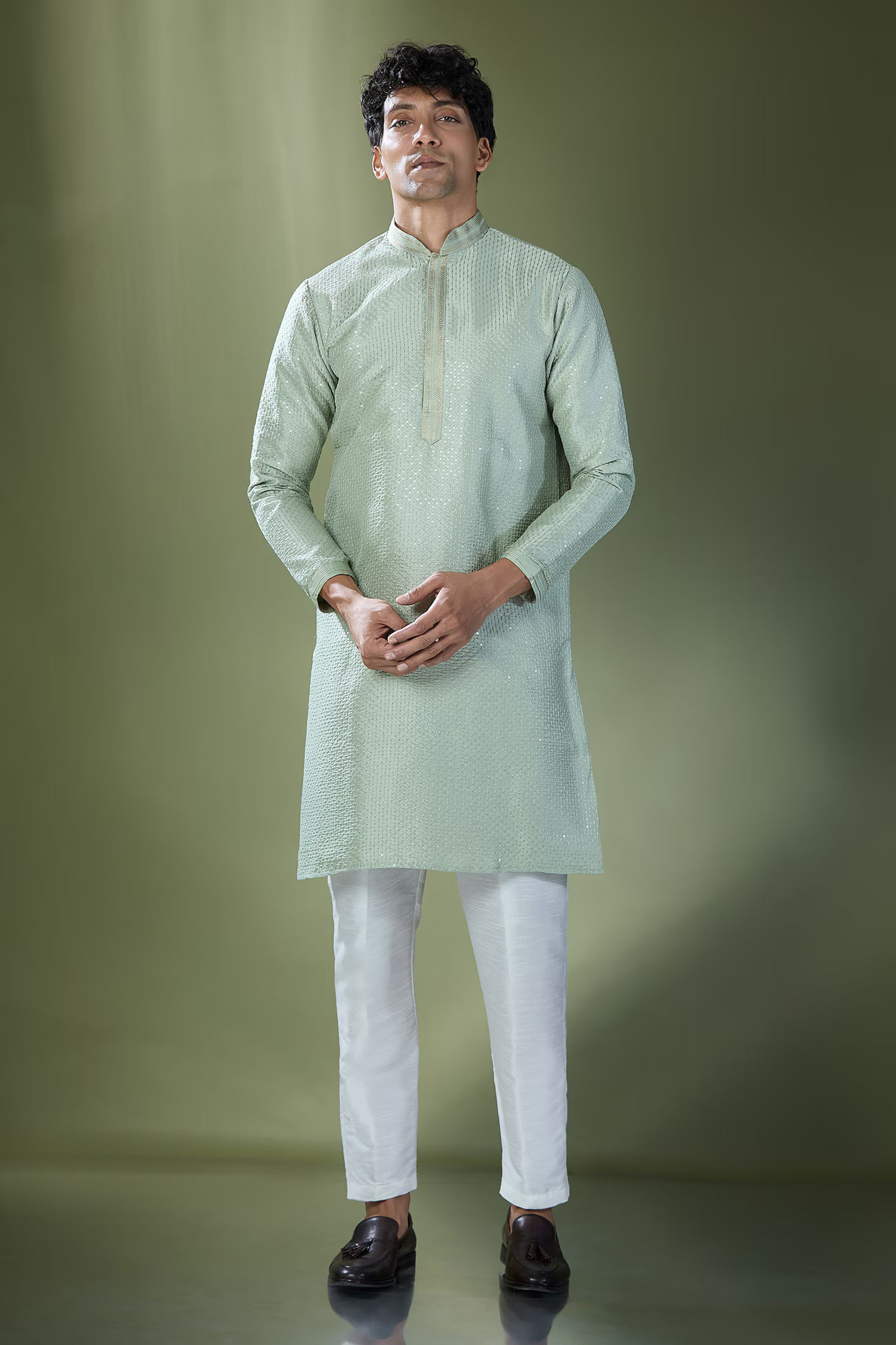 Pista Green Running Stitch Kurta Set