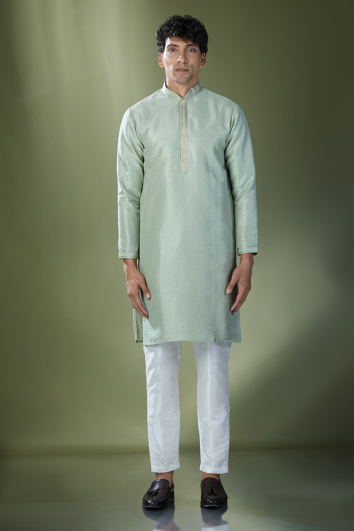 Pista Green Running Stitch Kurta Set