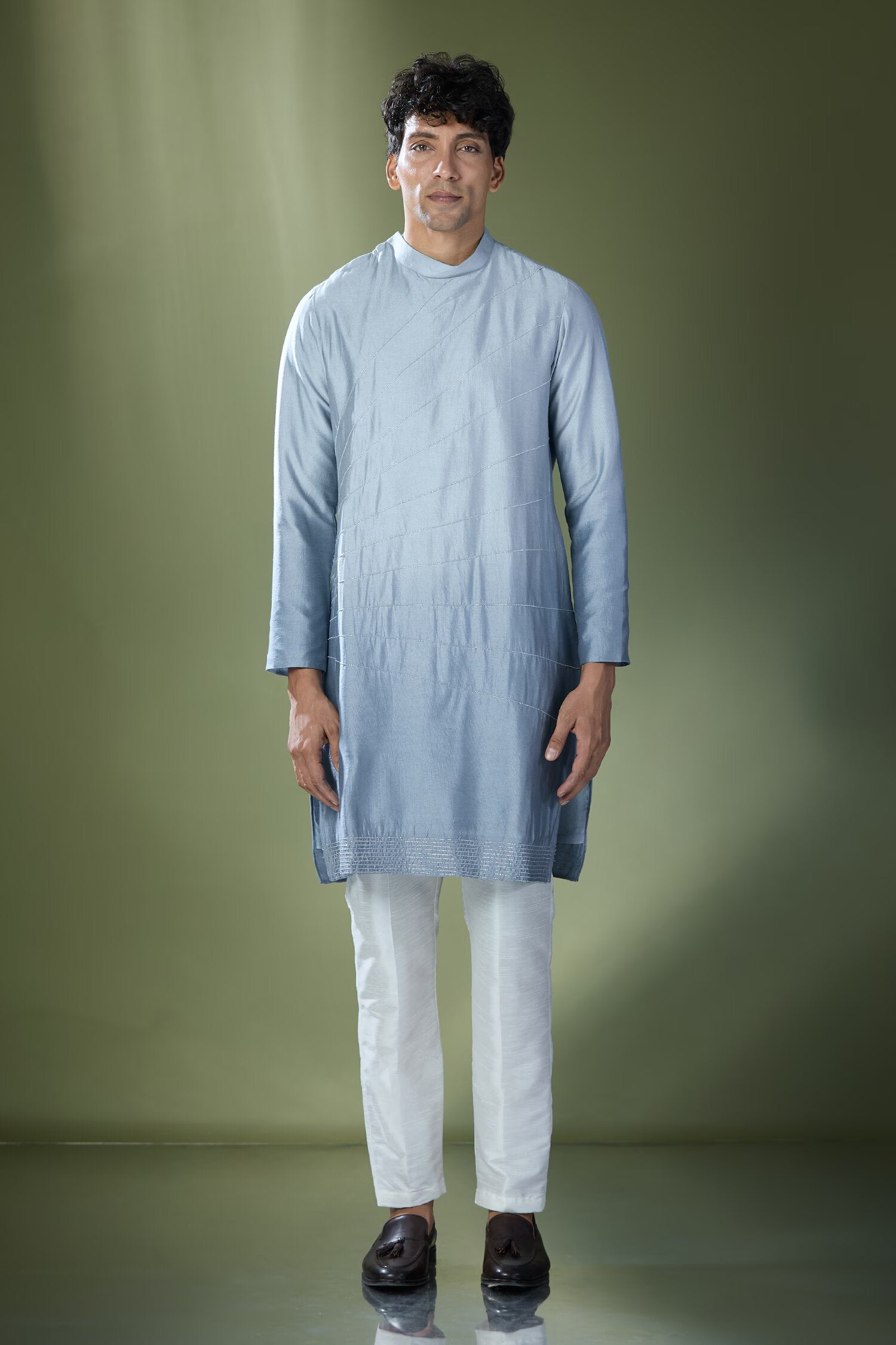 Powder Blue Ombre High-Neck Embroidered Kurta Set