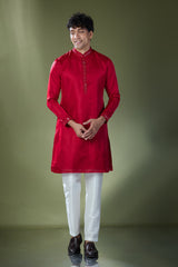 Cherry Red Mirror Embroidered Kurta Set