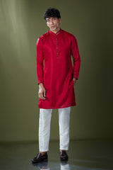 Cherry Red Mirror Embroidered Kurta Set