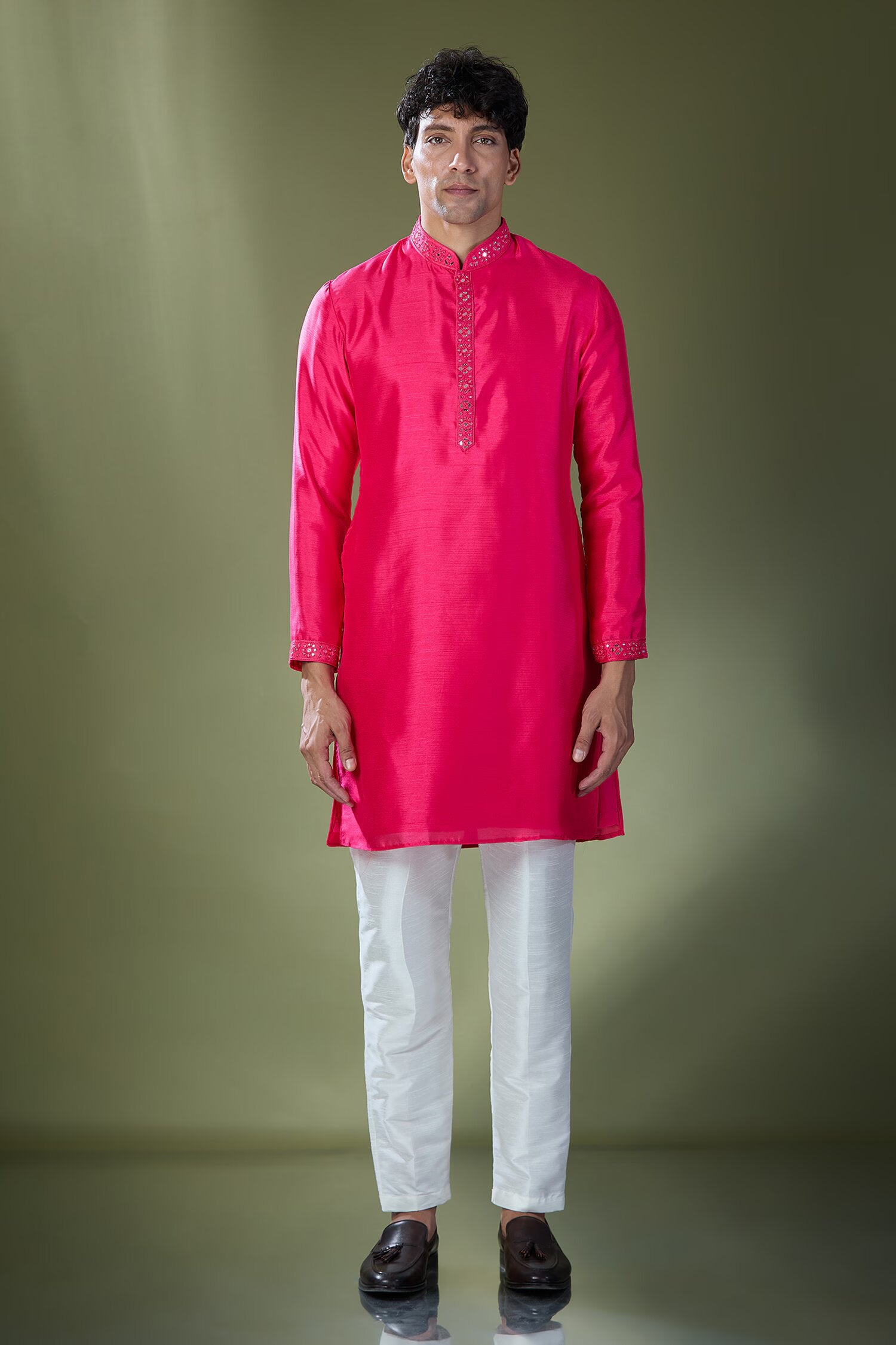Fuscia Mirror Embroidered Kurta Set