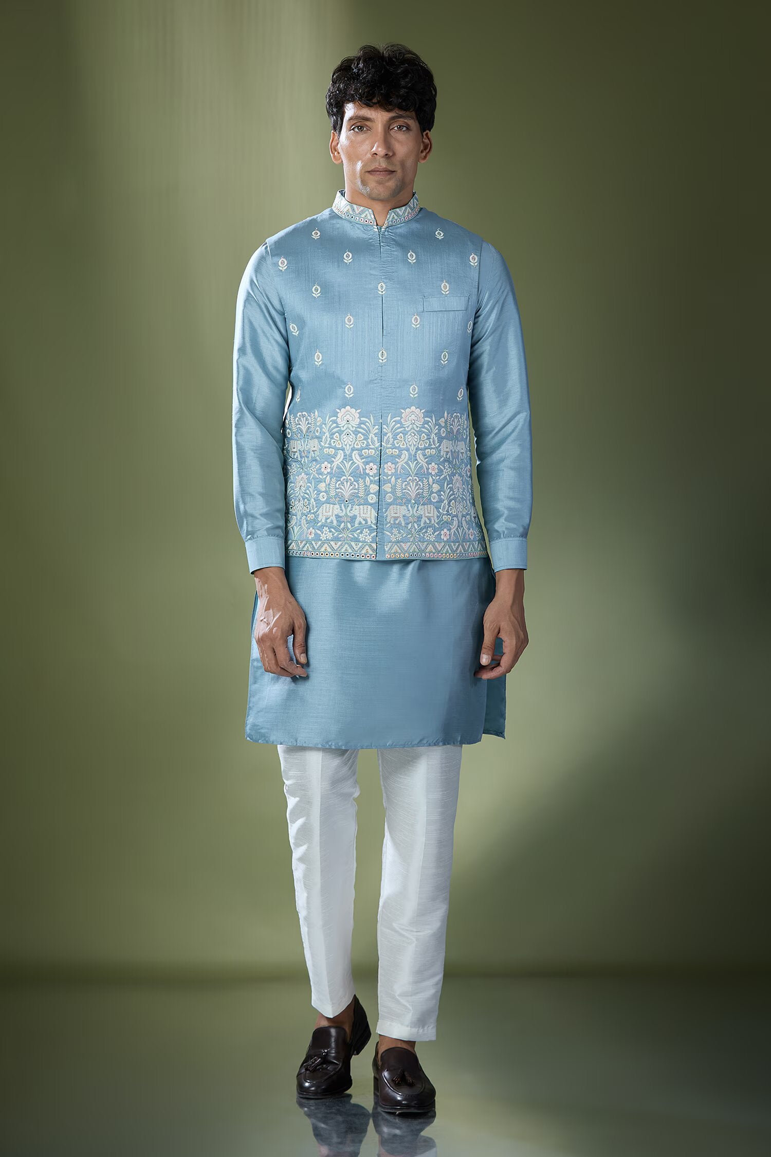 Blue Embroidered Kurta-Jacket Set