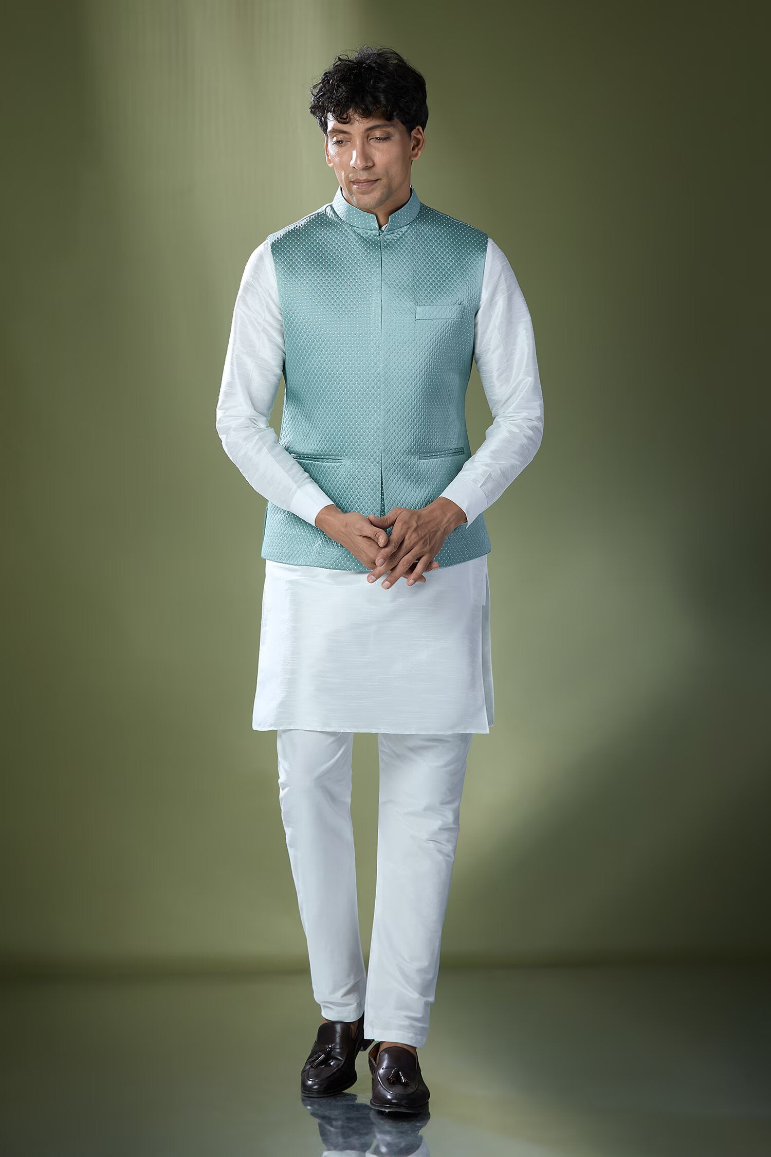 Teal Blue Quilted Kurta-Jacket Set
