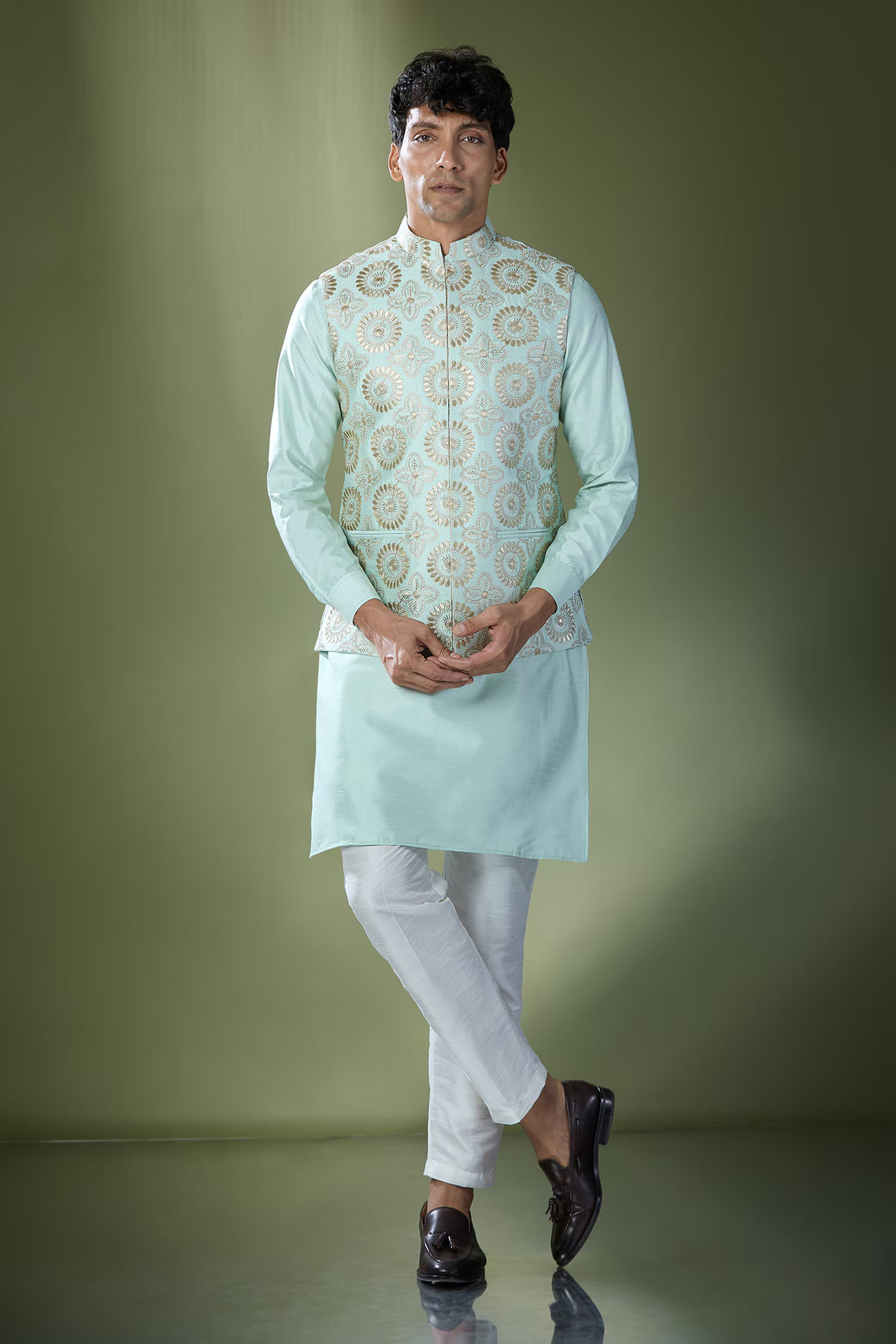 Sea Green Embroidered Kurta-Jacket Set
