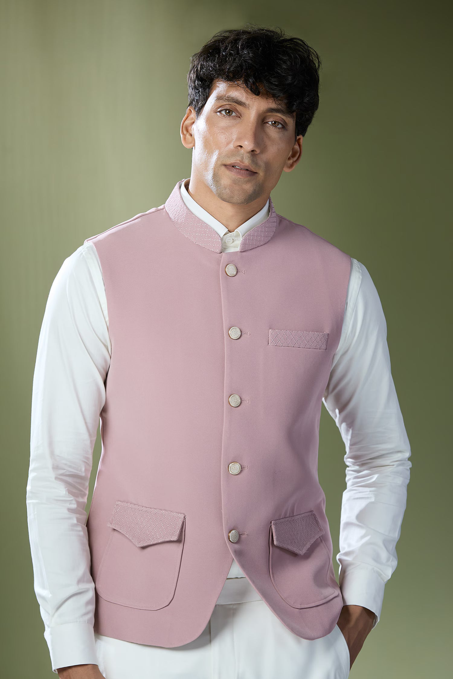 Dusty Pink Stitch Jacket-Shirt-Pant Set