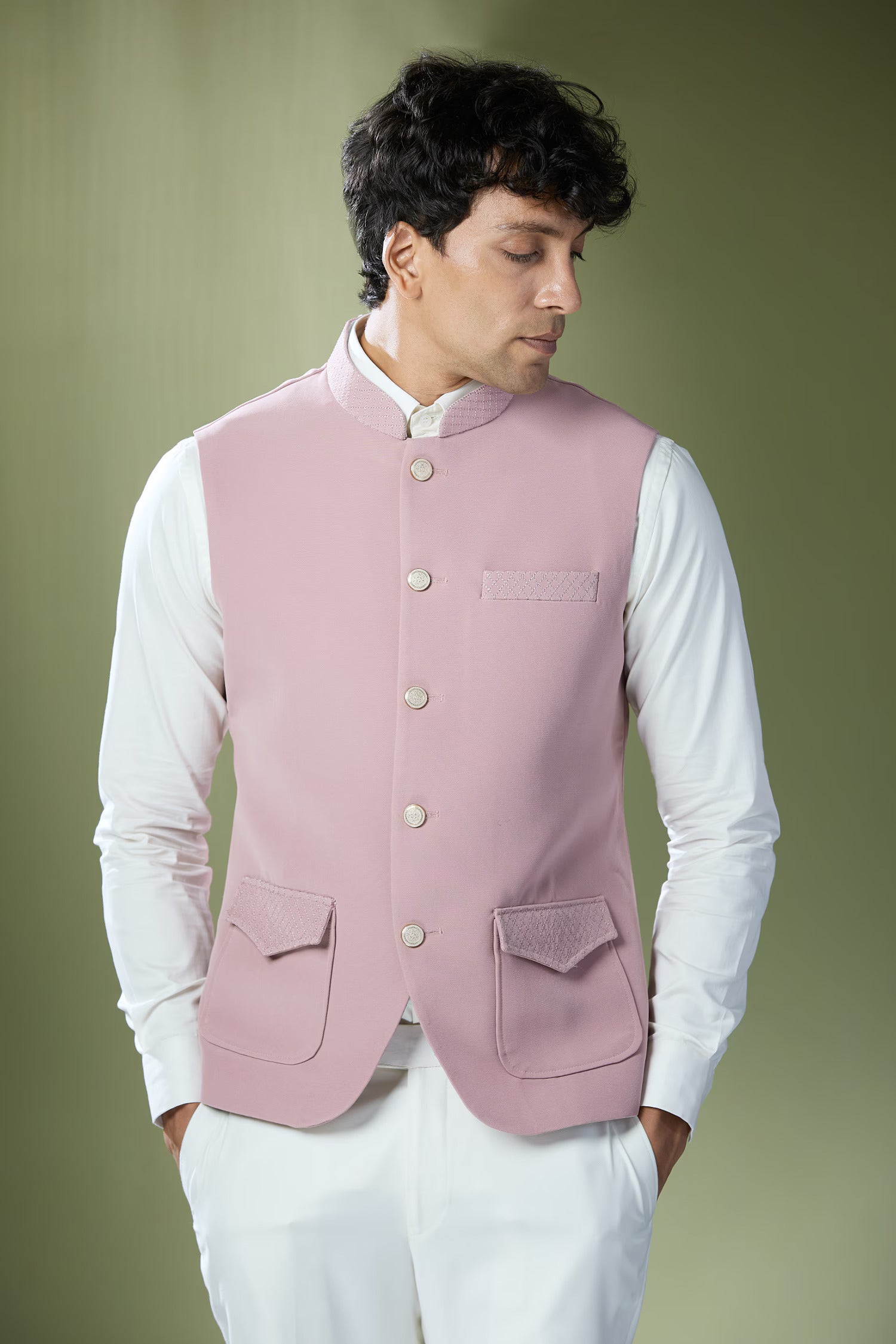 Dusty Pink Stitch Jacket-Shirt-Pant Set