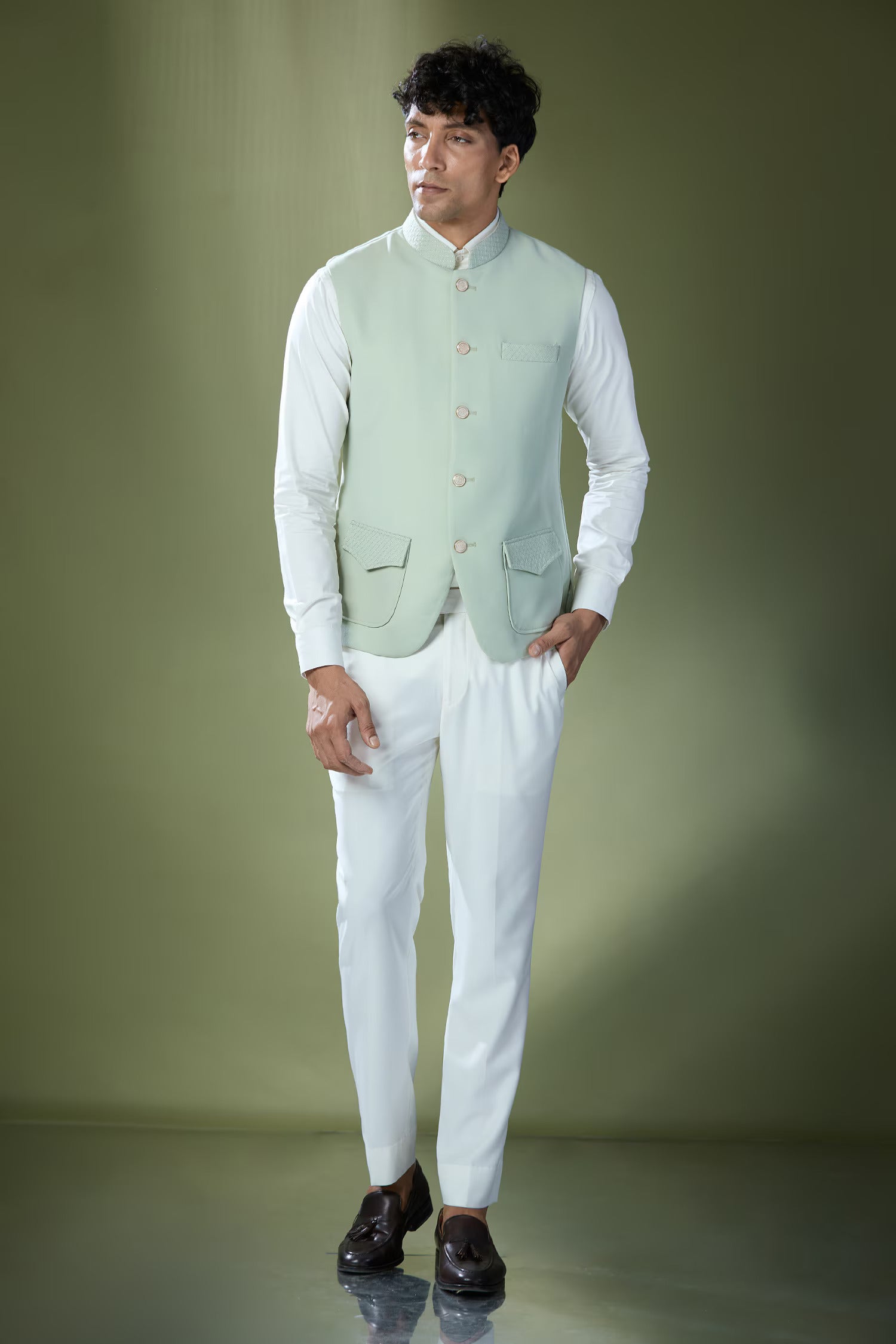 Pista Green Stitch Jacket-Shirt-Pant Set