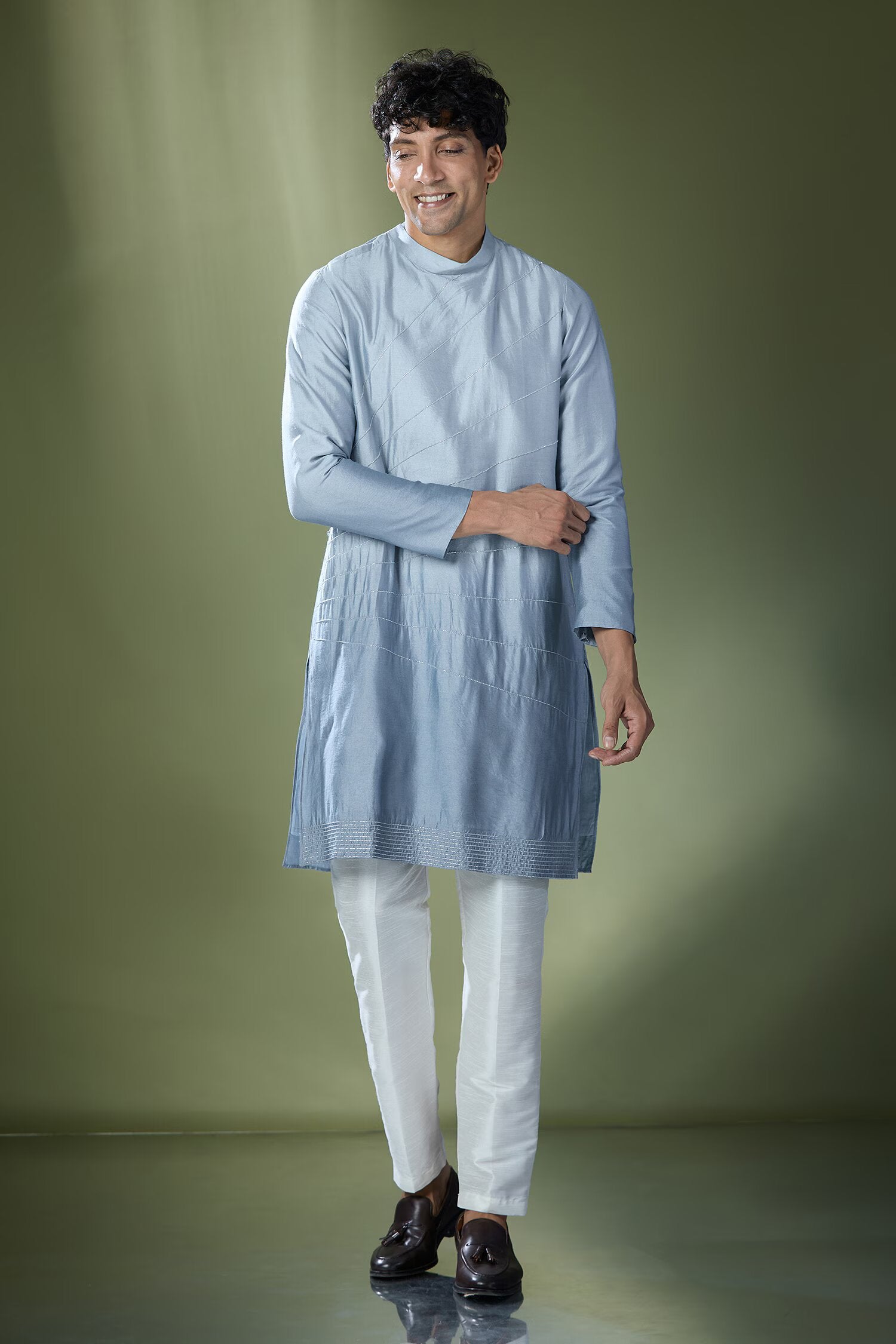 Powder Blue Ombre High-Neck Embroidered Kurta Set