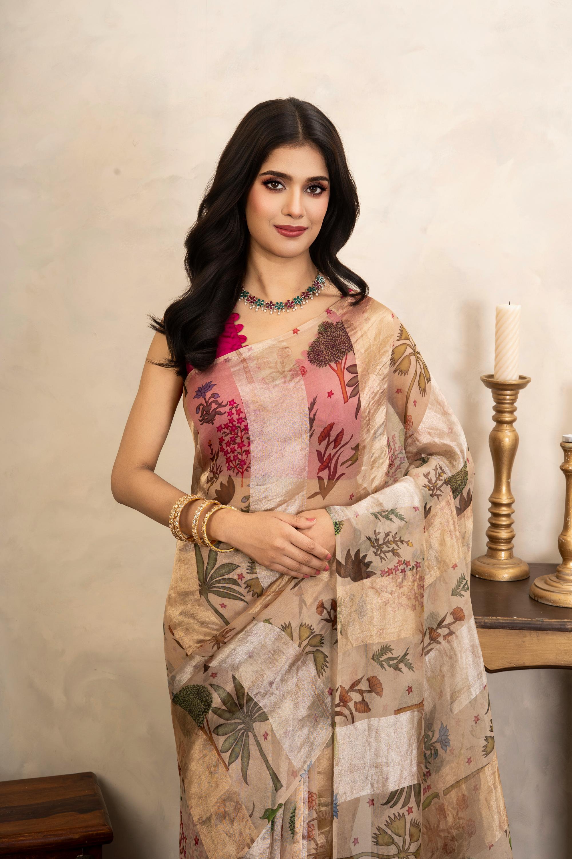 Beige Pure Organza Silk Banarasi Handloom Digital Print Saree