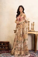 Beige Pure Organza Silk Banarasi Handloom Digital Print Saree