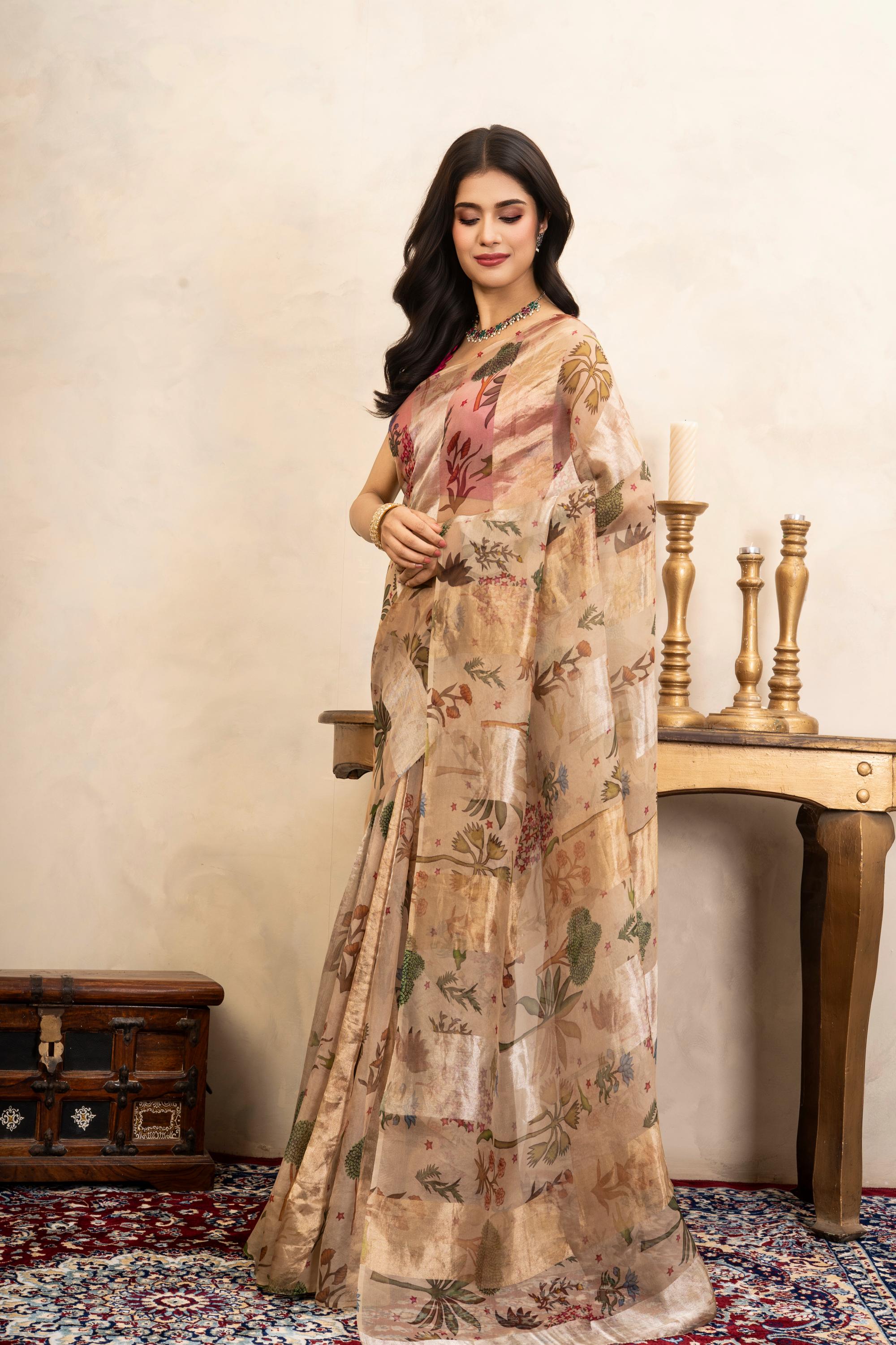 Beige Pure Organza Silk Banarasi Handloom Digital Print Saree