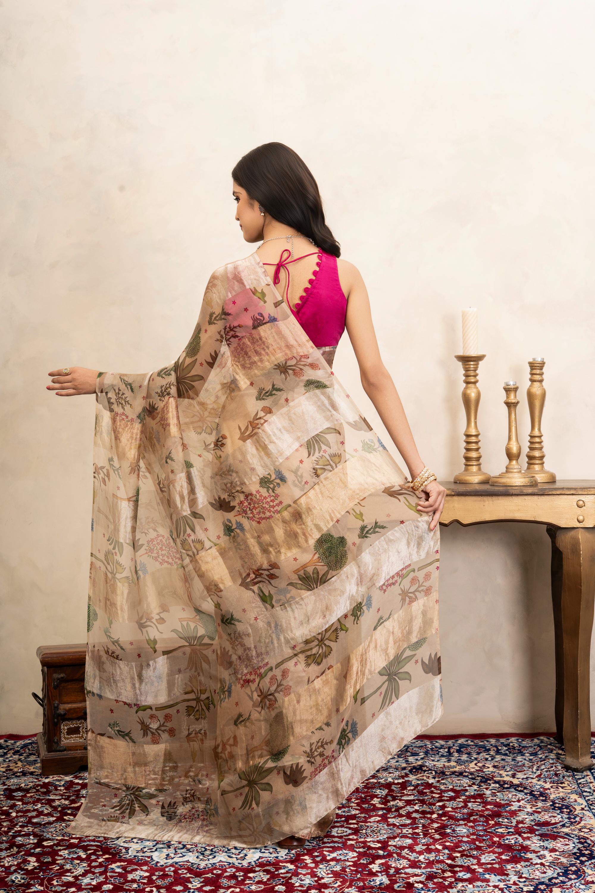 Beige Pure Organza Silk Banarasi Handloom Digital Print Saree