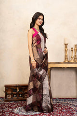 Coffee Pure Organza Silk Digital Print Handloom Saree