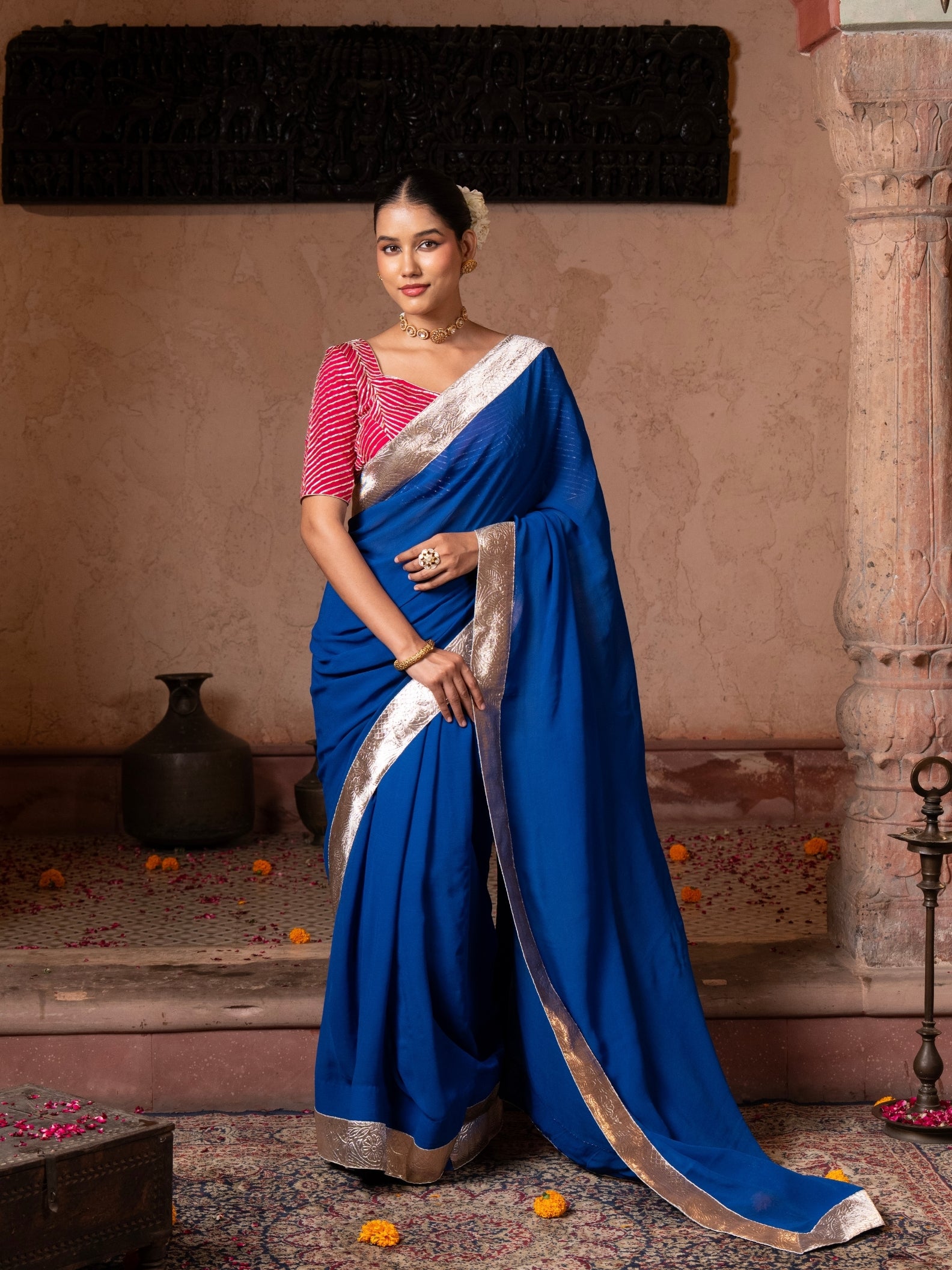 Royal Blue Pure Georgette Handloom Gota Patti Saree