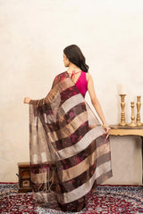 Coffee Pure Organza Silk Digital Print Handloom Saree