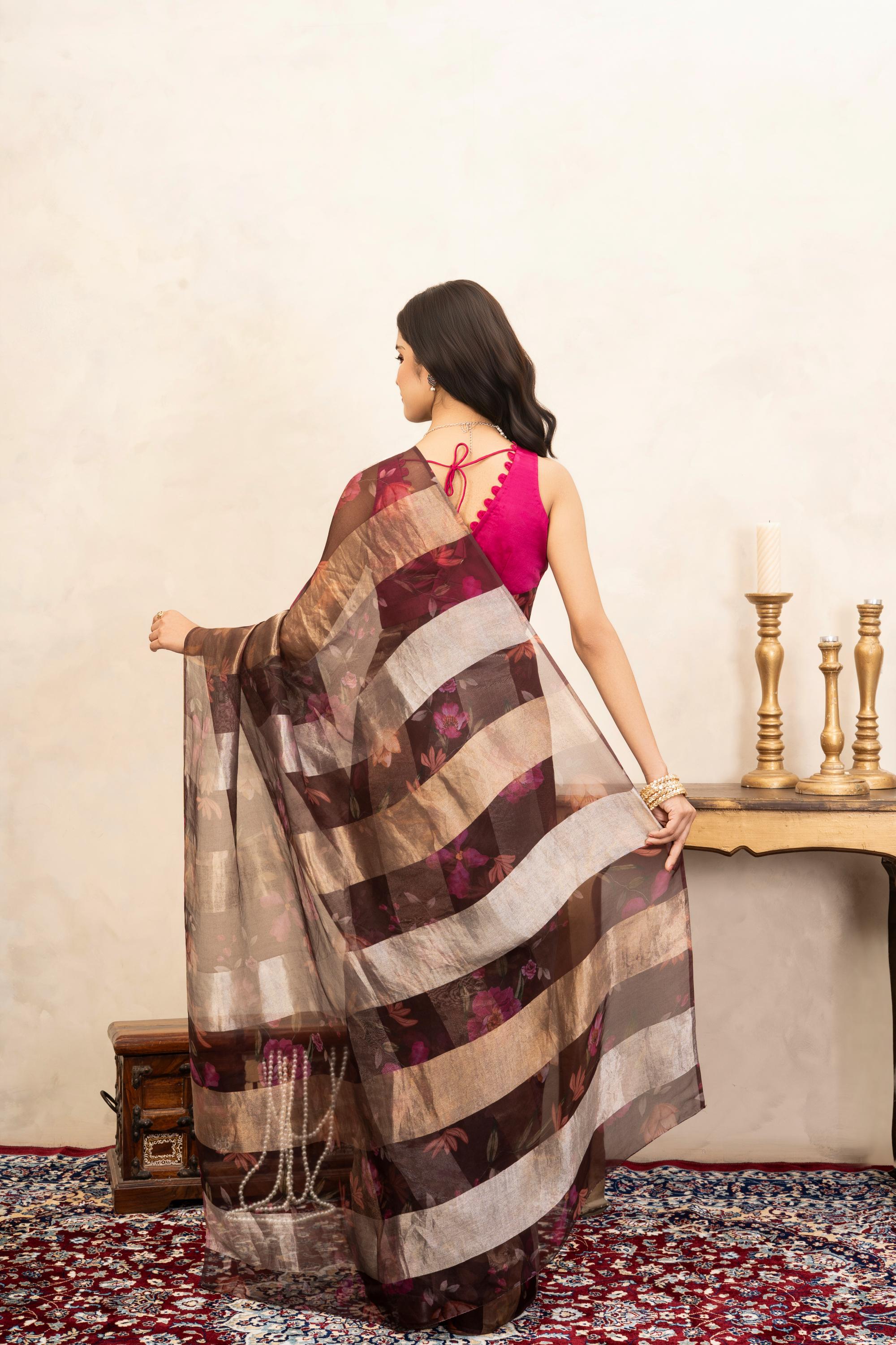 Coffee Pure Organza Silk Digital Print Handloom Saree