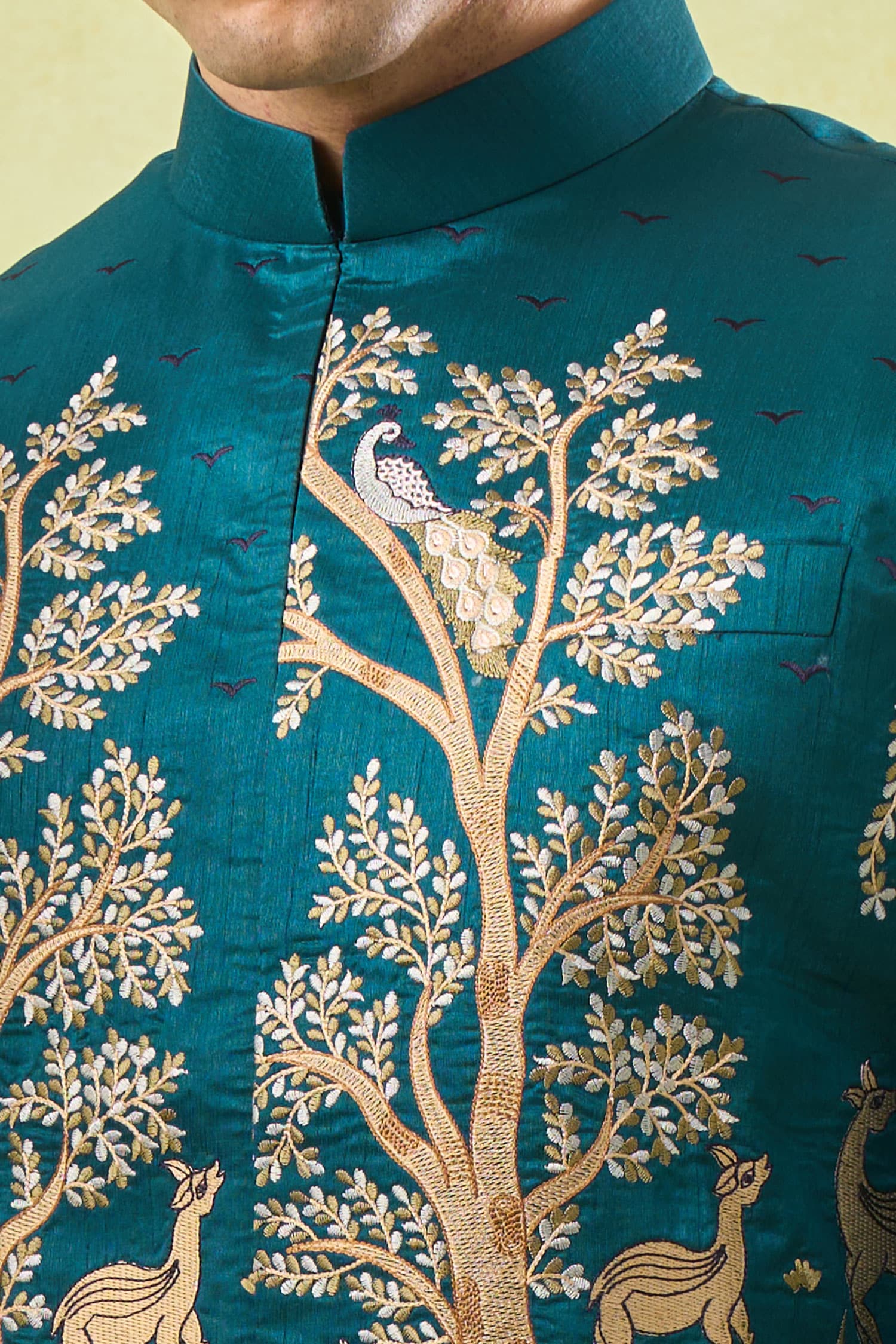 Bottle Green Embroidered Kurta-Bundi Set