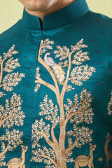 Bottle Green Embroidered Kurta-Bundi Set
