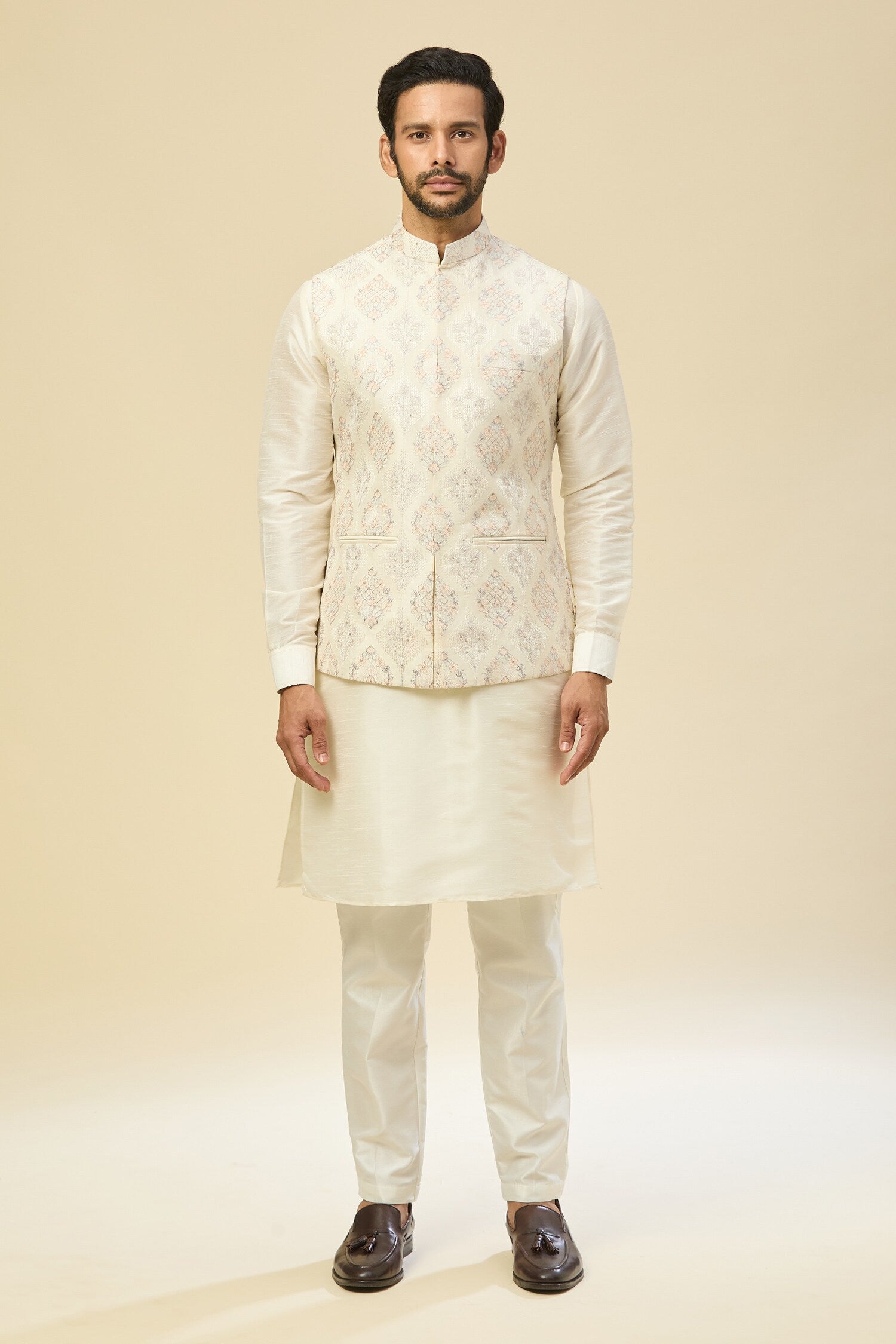 Cream Embroidered Kurta-Jacket Set