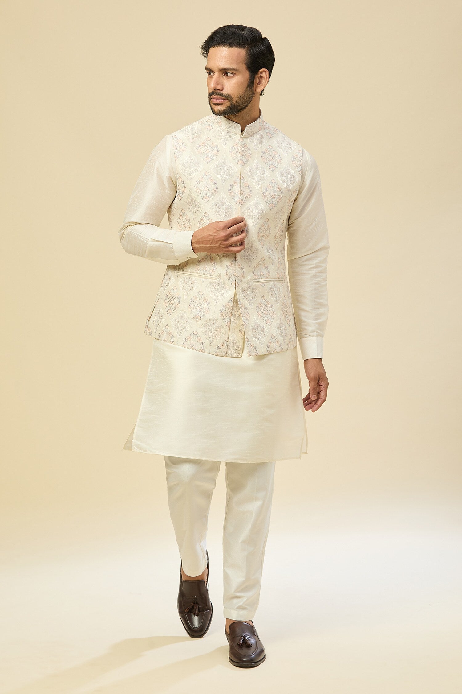 Cream Embroidered Kurta-Jacket Set