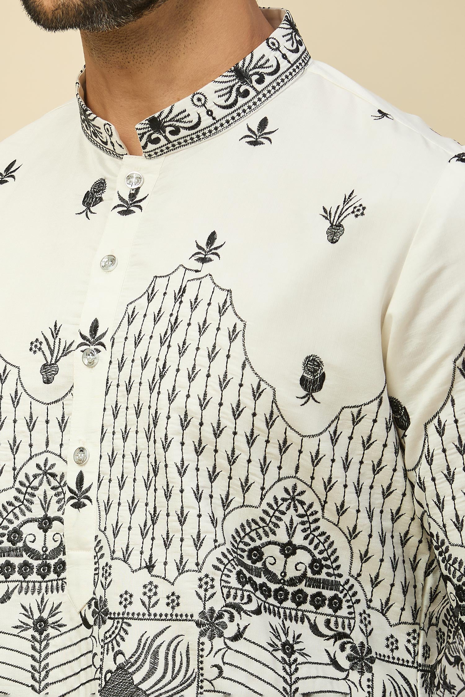 Off White Embroidered Kurta Set